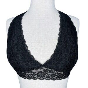 Gilly Hicks Lace Bralette sz S * Black Scallop Halter Strappy Racerback Floral